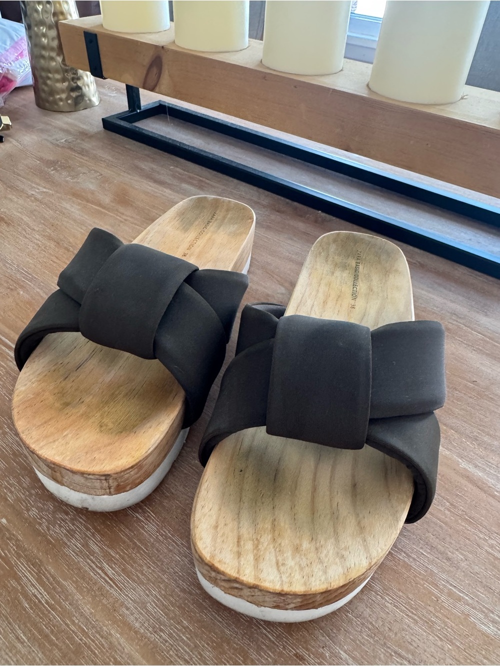 Zara Dark Brown Knotted Slide Sandals with Wood Platform